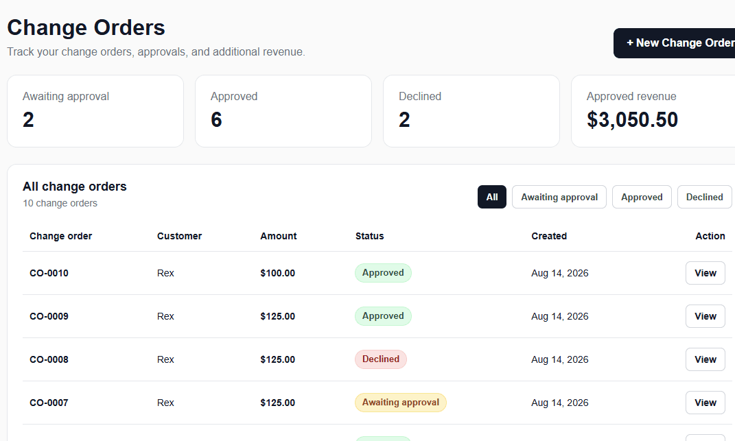 ReviseJob dashboard showing change-order statuses and approved revenue
